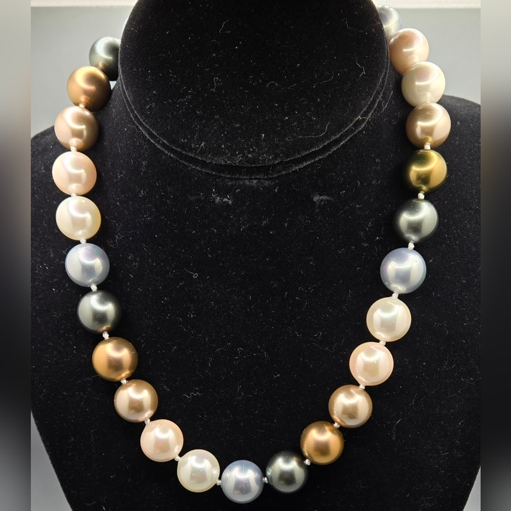 Glass Faux Pearl Necklace 13-14mm Knotted in White Cream Silver Grey Pale Pink